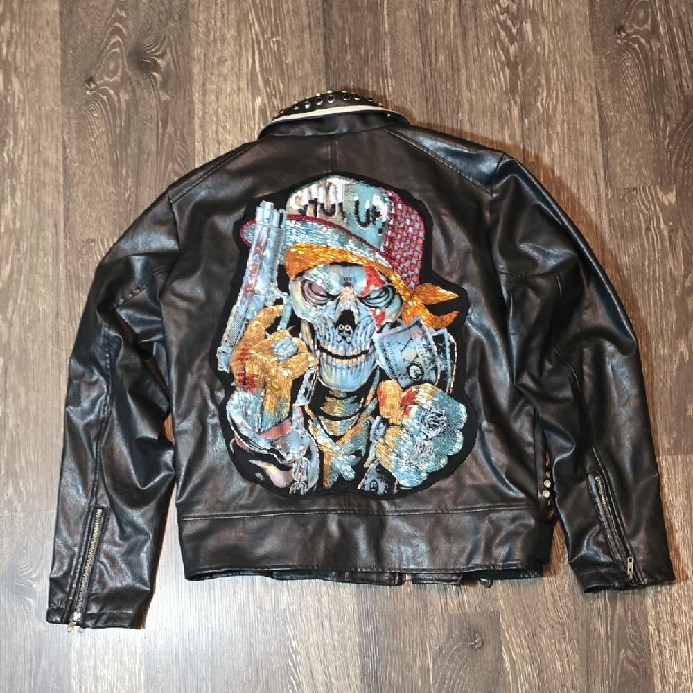 Majestik Jacket 50%PU 50%PVC Embellished Skull & Rhinestone Line Collar